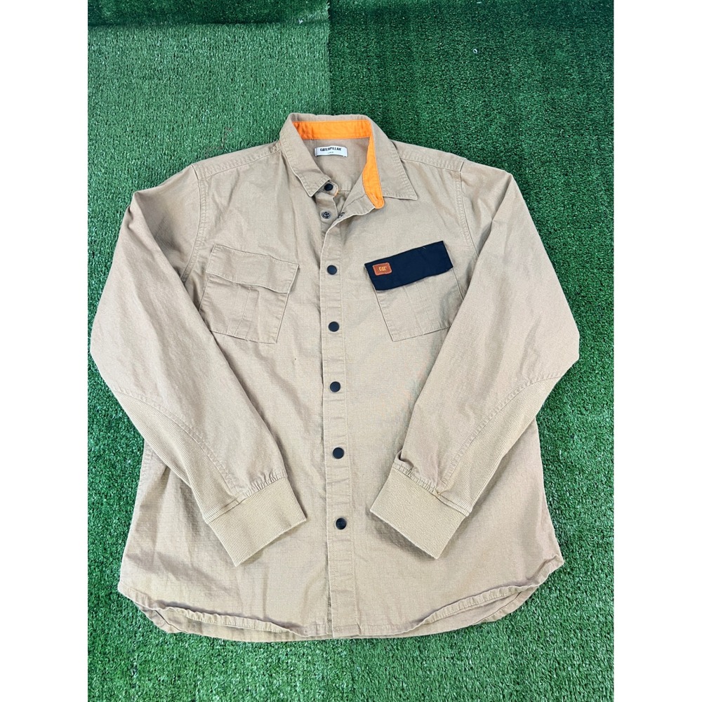 Caterpillar Mens Tan Ripstop Snap Front Long Sleeve Work Shirt Large CAT Logo
